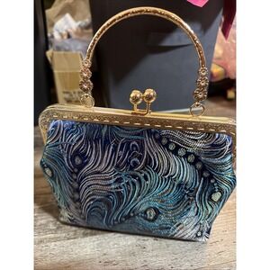 Off Park Collection Gold Antique Tone Peacock Fabric Convertible Handbag NEW